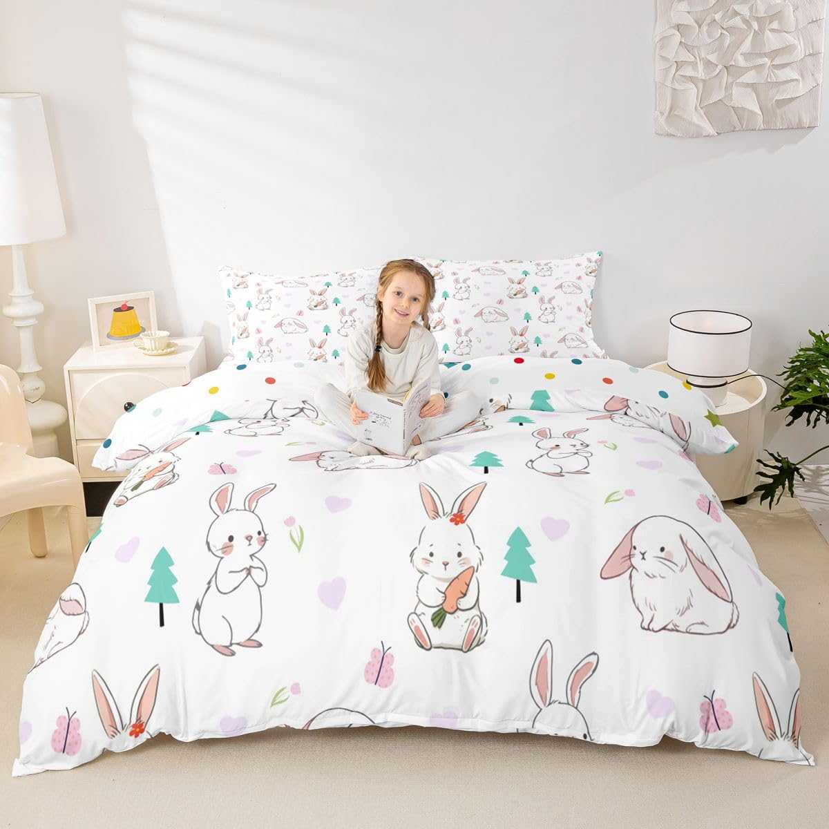 Erosebridal Cartoon Rabbit Duvet Cover Twin Rabbit Carrot Comforter Cover for Kids Teens Heart Pattern Bedding Set Lovely Animal Bed Set