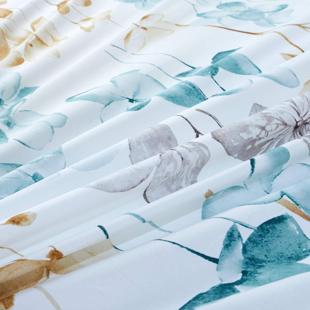 MILDLY 100% Long Staple Cotton Duvet Cover Set Blue Gold Grey Leaves Printed Comforter Cover Set Watercolor Plant