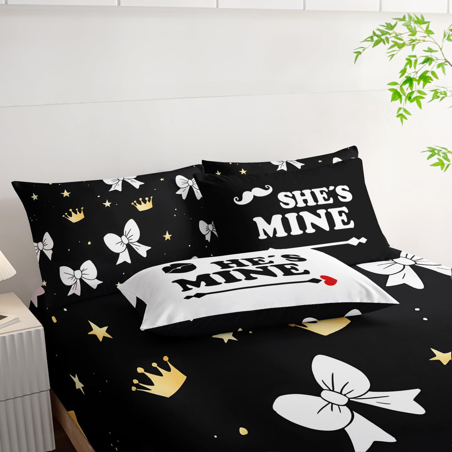 AILONEN Black and White Couple Comforter Set Full Size,7-Piece Soft Bed in a Bag,Valentine His Hers Comforter & Fitted Sheet & Flat Sheet & 2 Pillowcases,2 Pillow Shams for Bedroom