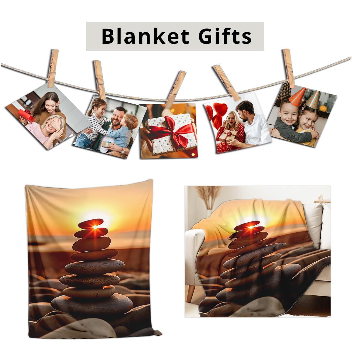 HUNXIAOJ Zen Stone Print Blanket Throw Soft Spa Zen Flannel Blanket for Home Bedding Couch Bed Yoga Room Meditation Decor Gifts (49"x59")