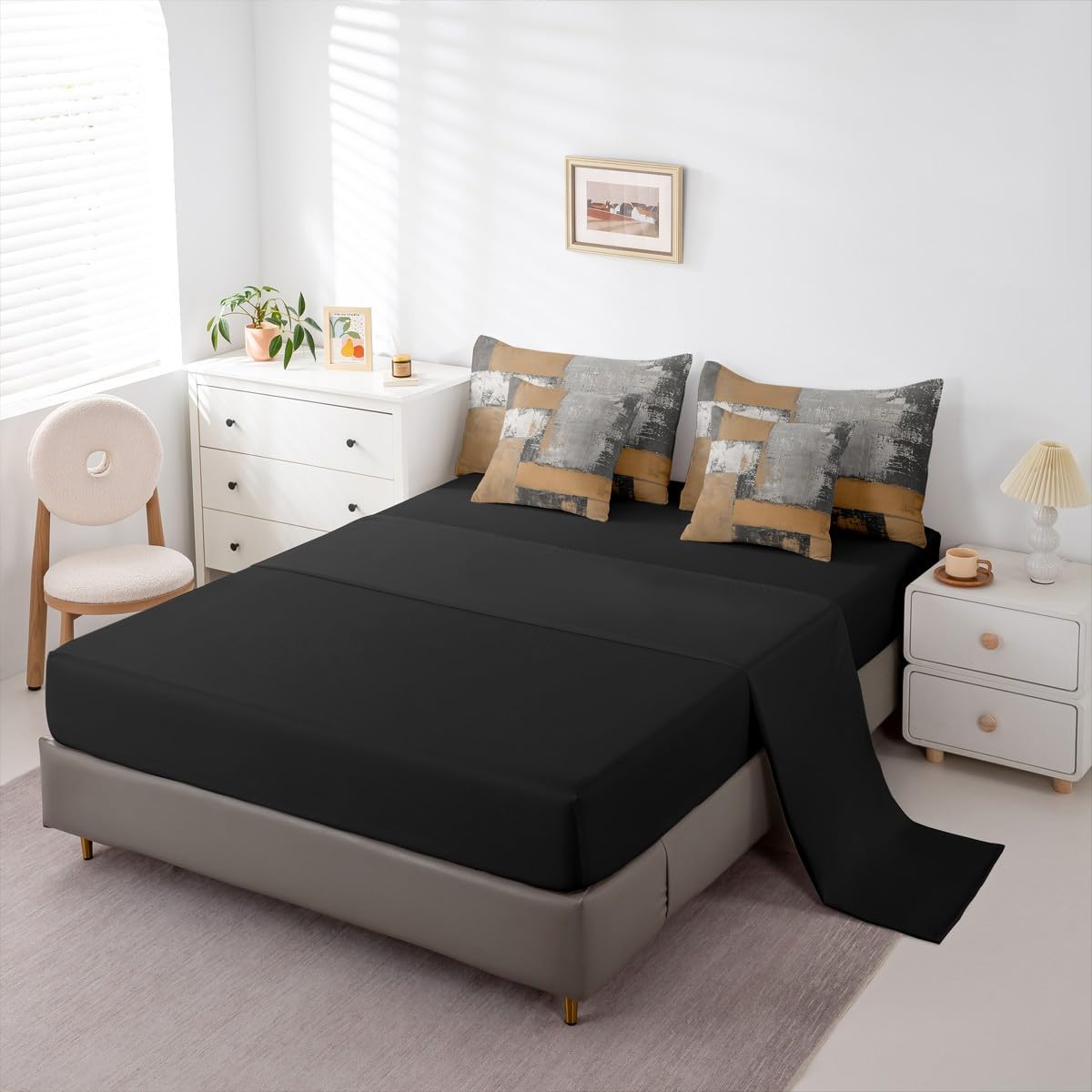 Feelyou Abstract Comforter Set King Size 7 Pieces Modern Abstract Art Bedding Set Luxury Bed in a Bag with Comforter, Sheets, Pillowcases, Cushion Covers Geometric Bedroom Decor Gray Brown