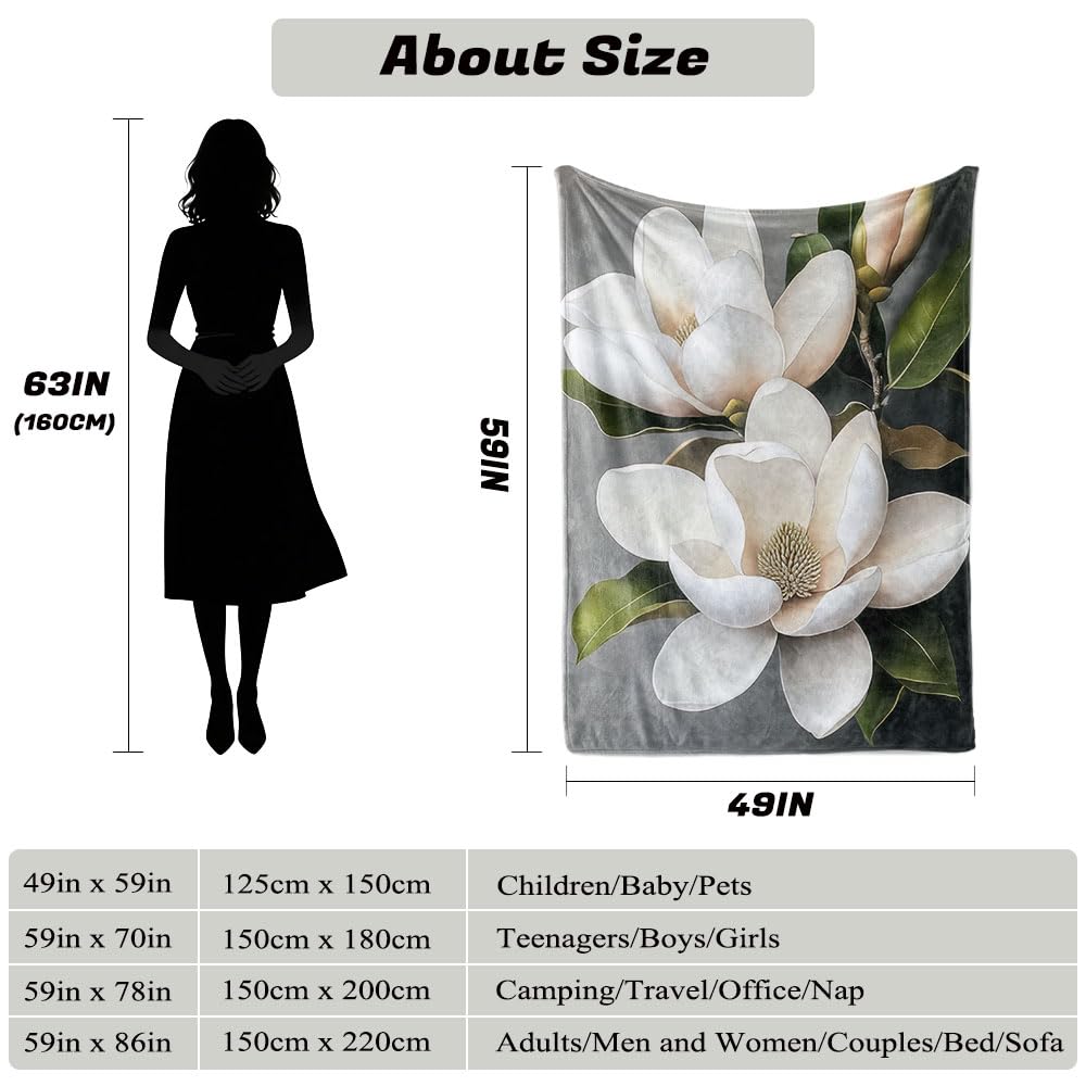 HUNXIAOJ Magnolia Blanket Flower Print Blanket Magnolia Floral Decor Warm Soft Flannel for Teens Adults Bed Sofa Couch (49in x 59in)
