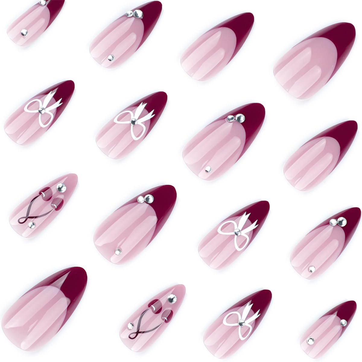 24Pcs Red French Tip Press on Nails Almond Medium Fake Nails with Sparkly Rhinestones Gems Designs Cherry Silver Bow Acrylic Nails Full Cover Glue on Nails for Women Manicure Accessories