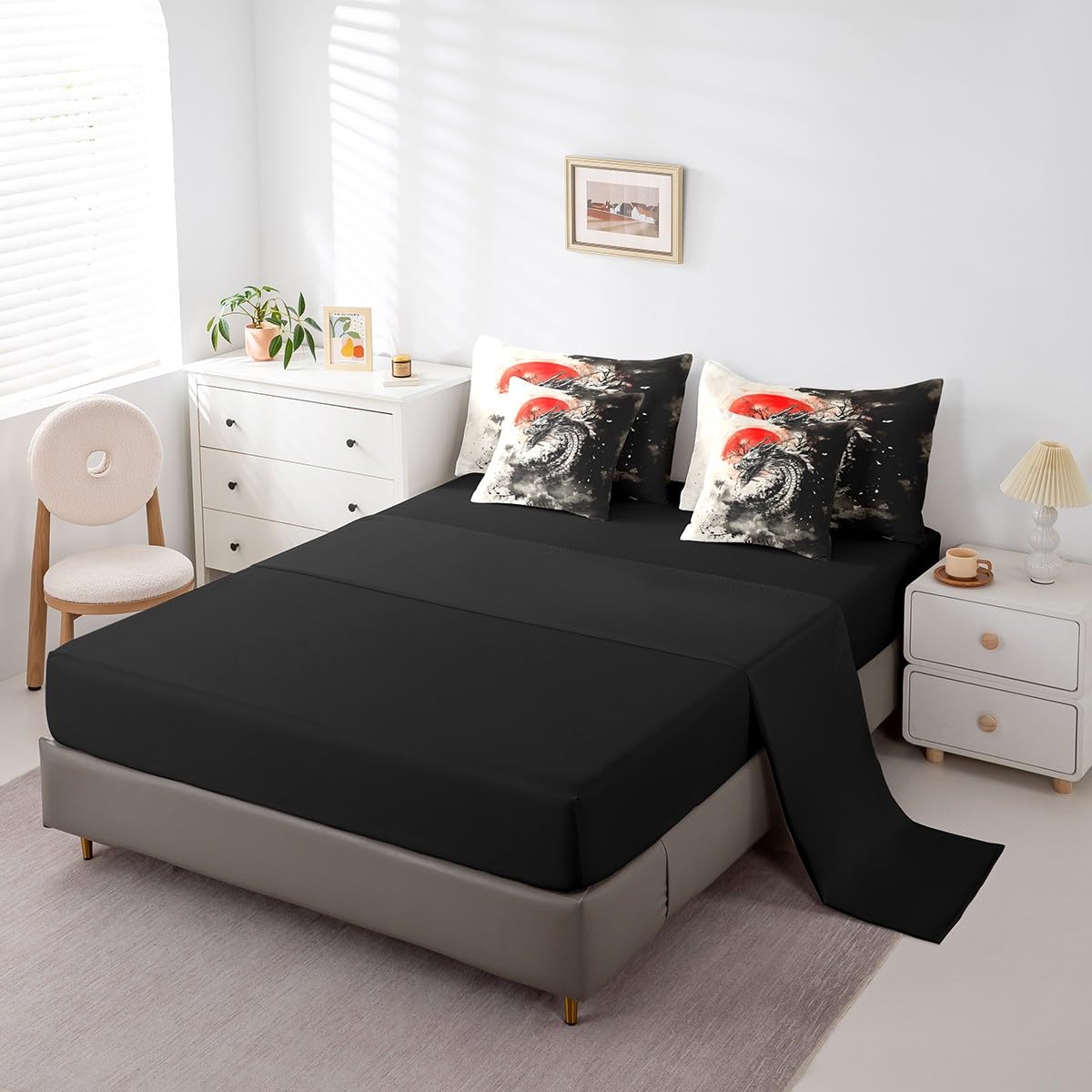 7 Pieces Ink Painting Dragon Comforter Set Queen,Japanese Style Sun Bed Set for Kids Boys Girls,Black White Red Bedding(1 Comforter,1 Fitted Sheet,1 Flat Sheet,2 Pillowcases,2 Throw Pillow Cover)