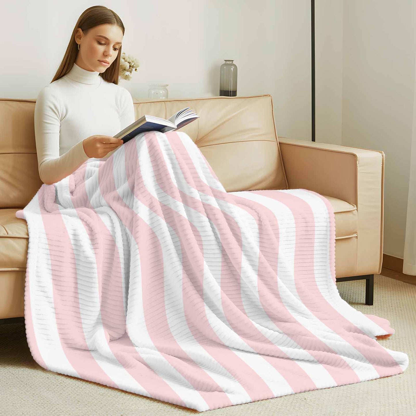 Pink Striped Throw Blanket, Farmhouse Vertical Stripes Fluffy Soft Blankets for Couch Bed Travel, Simple Plush Microfiber Striped Flannel Modern Blankets, Lightweight Sofa Blankets 30"x40"