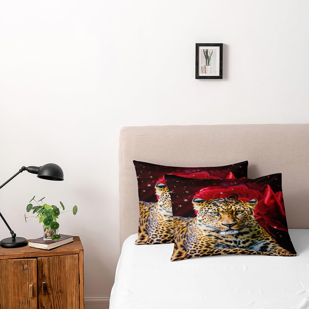 Holiyjog Animal and Red Roses King Size Duvet Cover Set Flowers Leopard Comforter-Cover and Pillowcases Black Background Cheetah Print Bedding Set Leopard Bedroom Decor