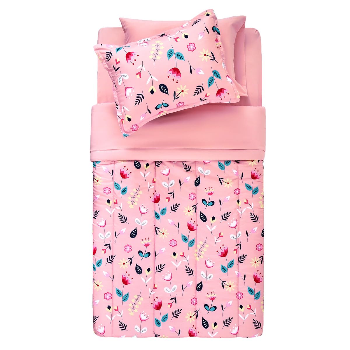 SLEEP ZONE Kids Twin Bedding Comforter Set - Super Cute & Soft Kids Bedding 5 Pieces Set with Comforter, Sheet, Pillowcase & Sham (Pink Flower)