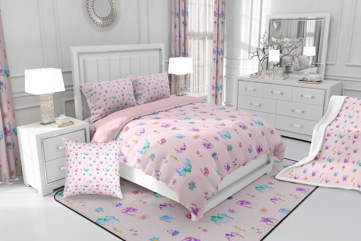 Feelyou Butterfly Kids Comforter Set Full Size Floral Bedding Set Farmhouse Garden Duvet Quilt for Kids Boys Girls Bedroom Cute Decor Purple Pink Microfiber Ultra Soft Breathable