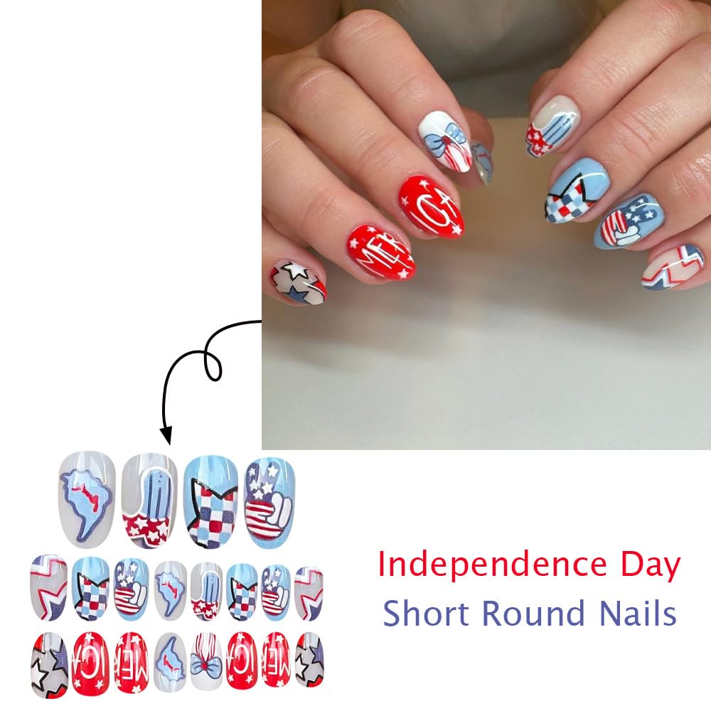 24Pcs Cute Independence Day Press on Nails Short Oval Fake Nails Red Blue Two Colors False Nails Star Letter Design Stick on Nails Full Cover Acrylic Glue on Nails for Women