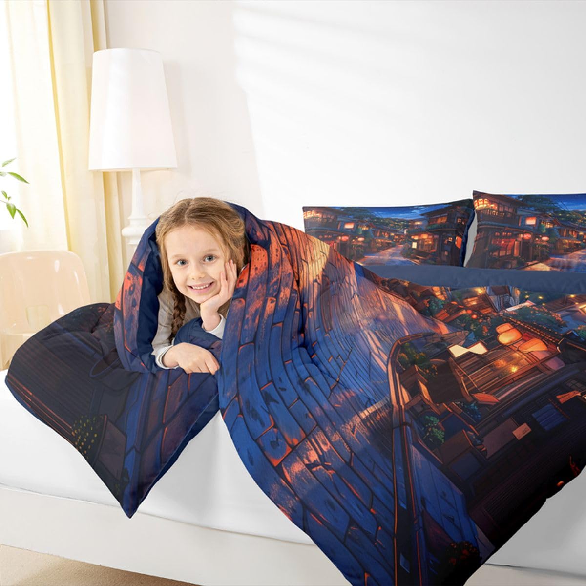 jejeloiu Japanese Comforter Set All Season Anime Street Bedding Set with 1 Pillow Cases Tokyo Modern Microfiber Kids Toddler Bedclothes Bedroom Decor Duvet Quilt Breathable Soft Lightweight