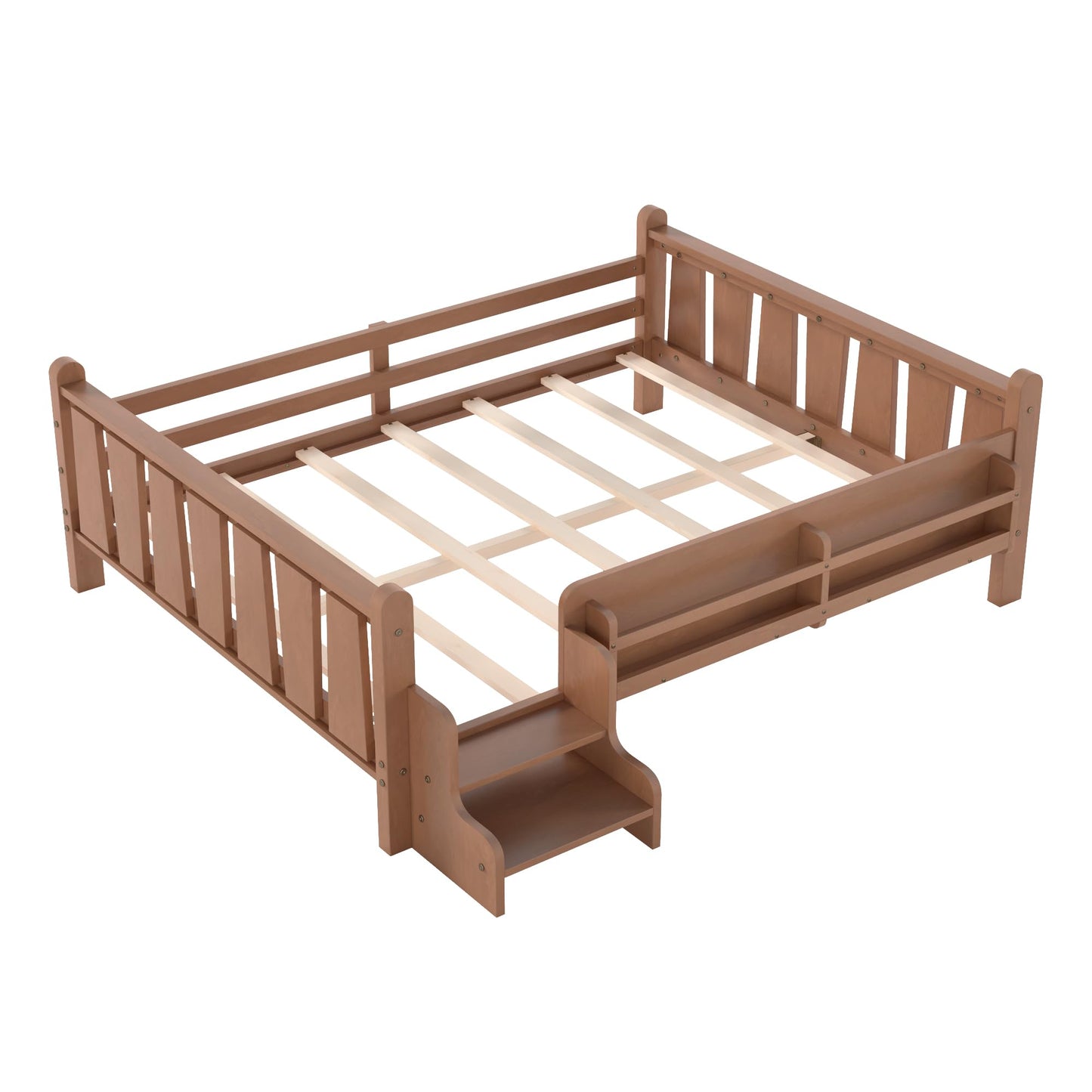 LUMISOL Kids Montessori Bed with Guardrail, Low Profile Bed Frame Full with Storage Shelves, Natural