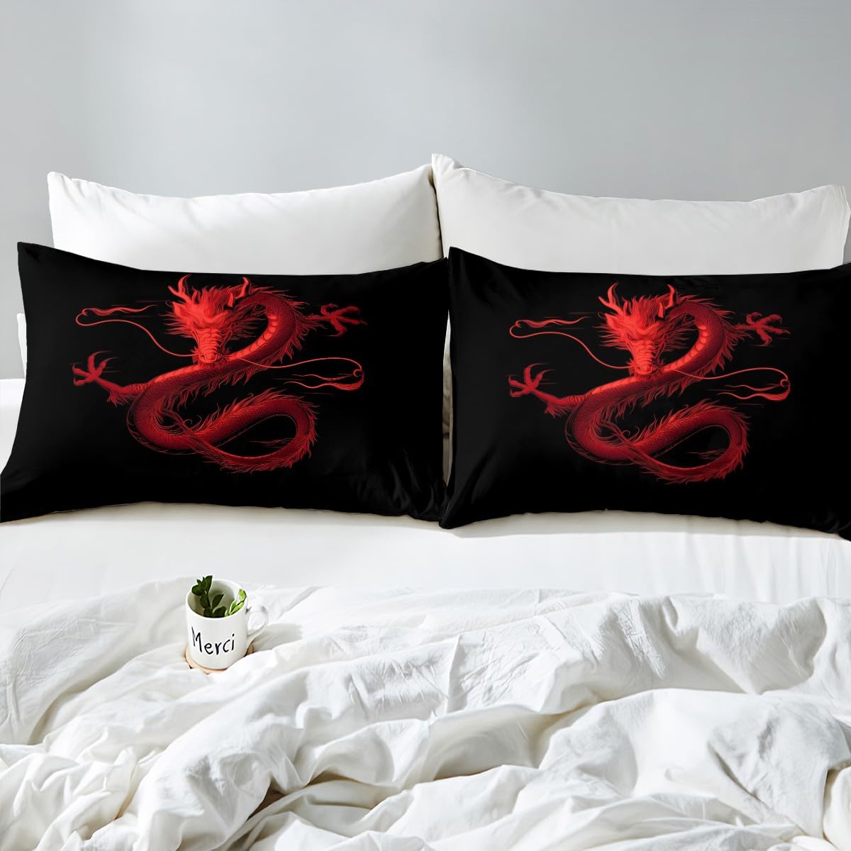 Feelyou Dragon Monster Bedding Sheets Full Red Dragon Bed Sheet Set for Adult Kids Classical Monster Fitted Sheet Black Red Cool Bed Cover 3Pcs,1 Fitted Sheet+2 Pillow Sham（No Flat Sheet）