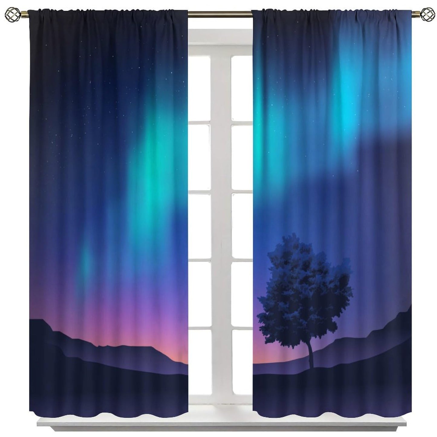 GoDazzling Night Nature Landscape Curtains, Blue Pink Northern Lights Night Tree Under Starry Sky Rod Pocket Window Drapes, for Bedroom Living Room 41" W X 45" L (No Blackout)