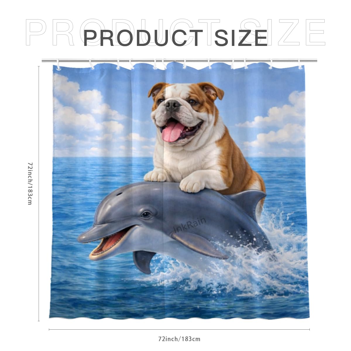 InkRain Ocean Bulldog Shower Curtain with 12 Hooks Cute Puppy Riding Dolphin Bathroom Decor Waterproof Polyester Fabric Coastal Beach Bath Curtain 72x72 Inch