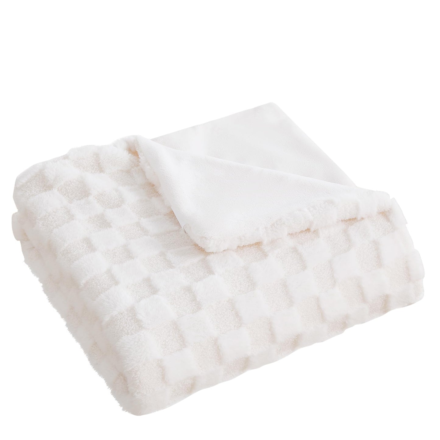 Luxury 3D Square Grid Faux Fur Throw Blanket – Reversible Soft Teddy Velvet & Flannel – Thick Warm Fuzzy Plush Blankets for Couch, Bed & Sofa – Machine Washable Gift for Women Throw 50x60 inches