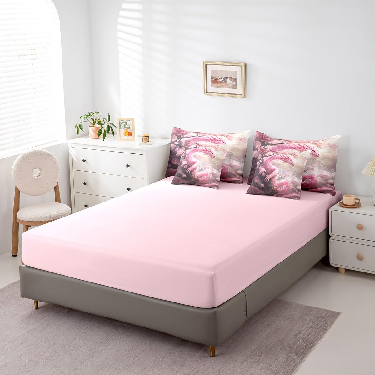 7 Pieces Pink Cherry Flower Comforter Set Queen,Dragon Blossom Bed Set for Kids Boys Girls,Wild Animal Plant Bedding(1 Comforter,1 Fitted Sheet,1 Flat Sheet,2 Pillowcases,2 Throw Pillow Cover)