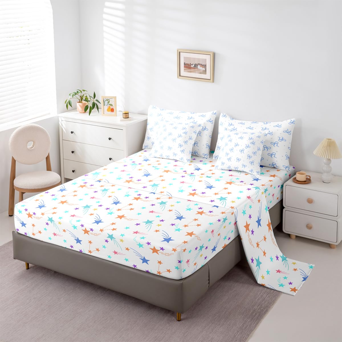Erosebridal Blue Bow Comforter Set Twin Size (7 Pieces) | Teen Girl Cute Bow Bedding Set with Sheets Girly Trendy Bows Bed in A Bag with Flat and Fitted Sheets Preppy Modern Coquette Quilt Sets