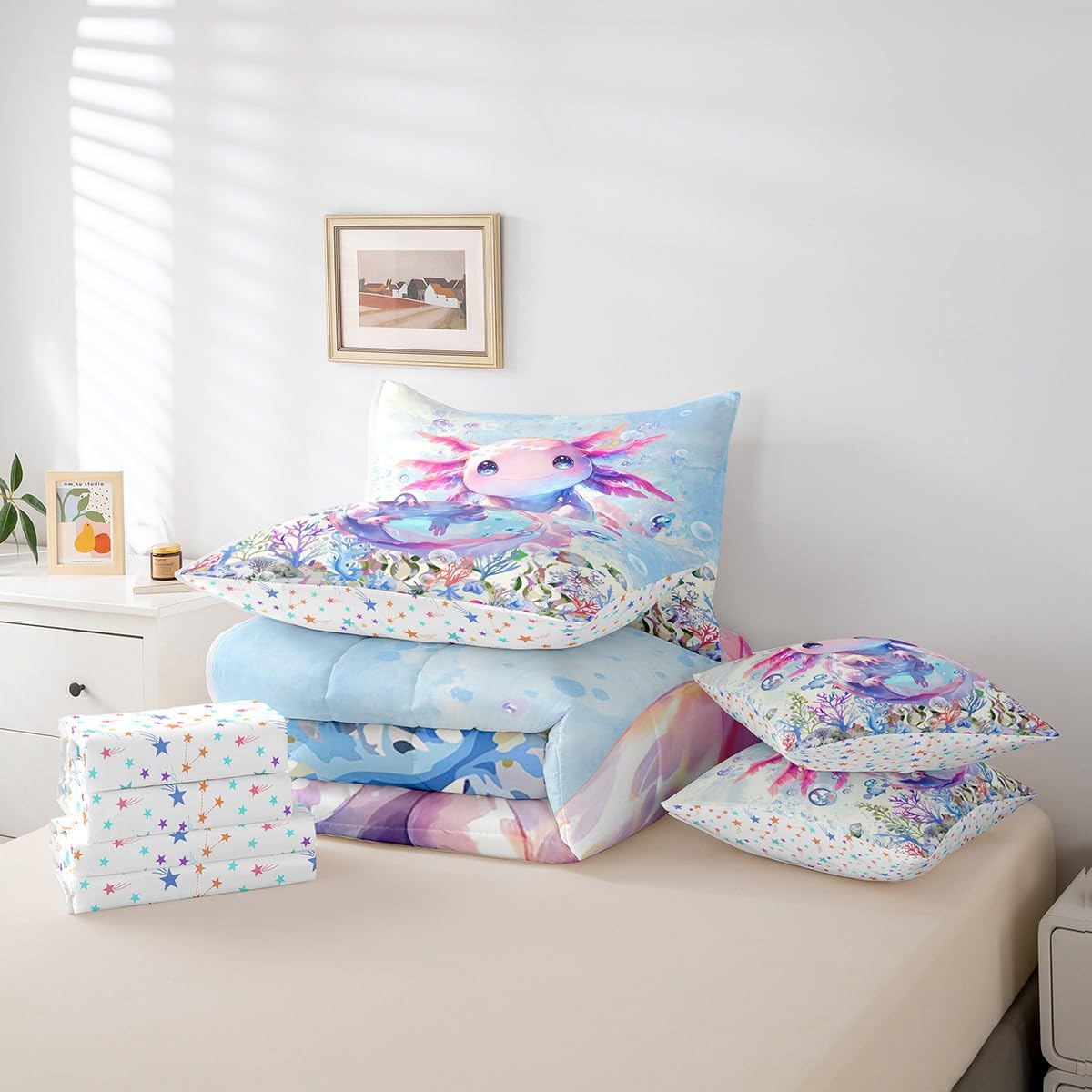 Feelyou Boys Girls Cute Axolotl Comforter Set with Sheets Twin Size, Ocean Sealife 7 Pieces Bedding Sets Kids Kawaii Bed in A Bag Cartoon Salamander Bed Set
