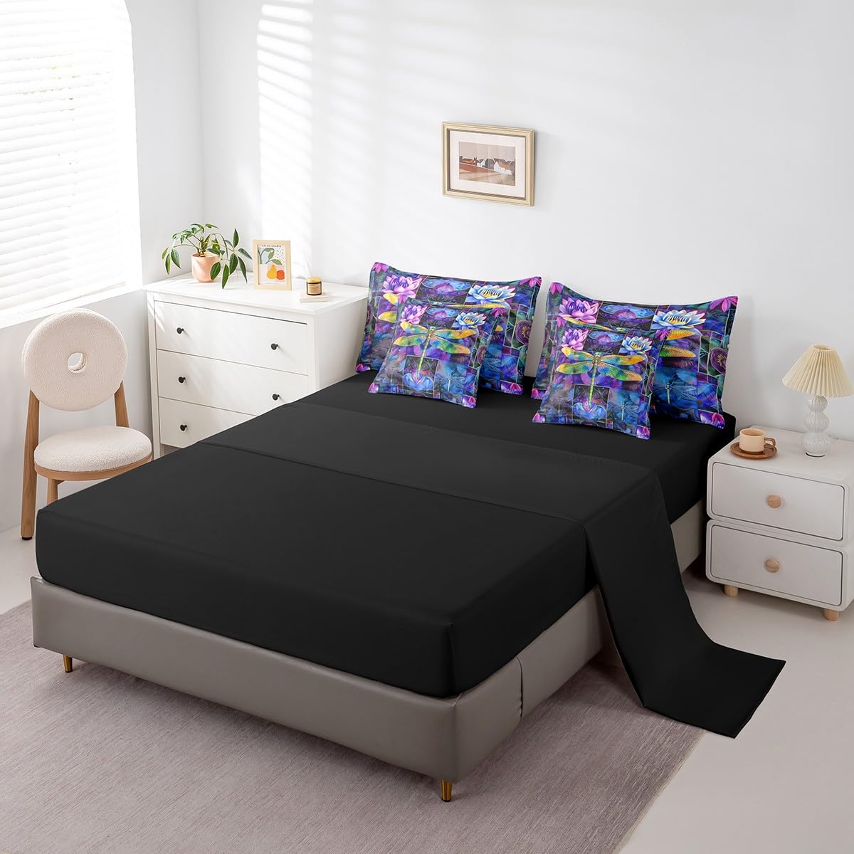 Erosebridal Boho Dragonfly Comforter Set Queen,Bohemian Lotus Flower Bedding Set 7Pcs for Kids Teens Girls,Gradient Butterfly Moth Quilt,Trippy Palm Leaves Bed in a Bag
