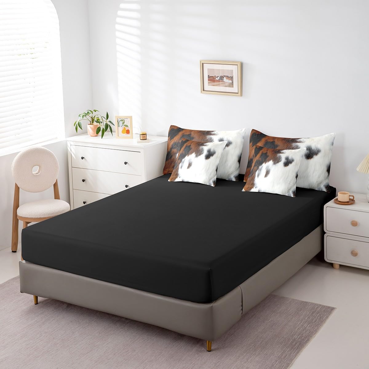 Erosebridal Cowhide Teens Comforter Set 7 Piece Western Cow Print Bedding Set King Size Bull Cattle Skin Bed in A Bag for Kids Boys Adult Bedroom Farmhouse Animal Hair Sheets