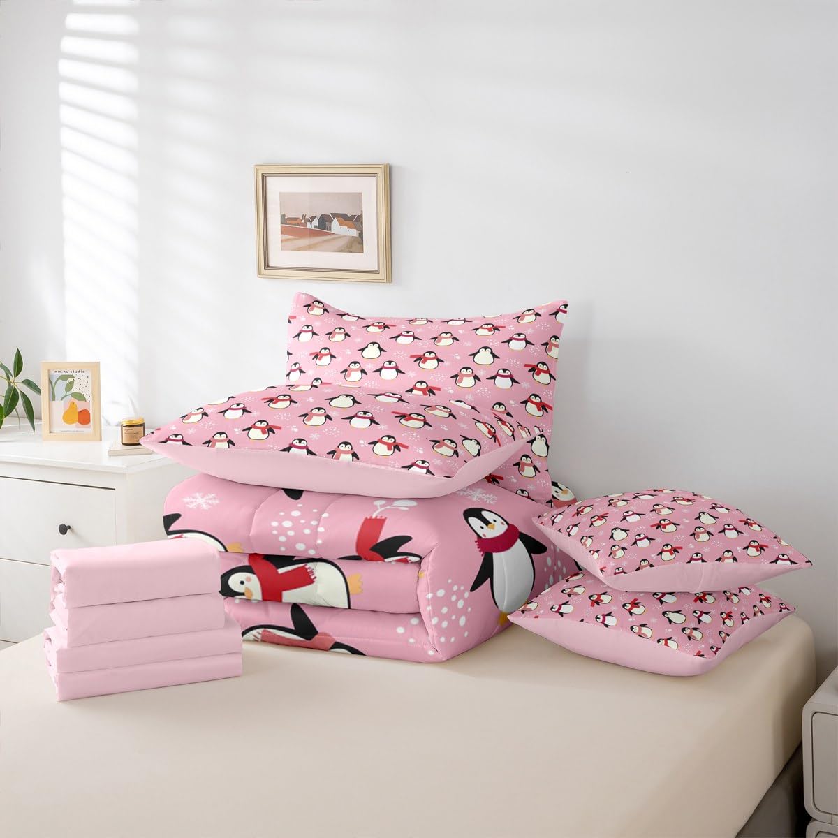 Erosebridal Cartoon Penguin Twin Size Comforter Set, Kawaii 7-Piece Bed in A Bag, Antarctic Animal Sheets and Pillowcases, Cute Winter Theme Bedding Set Room Decor