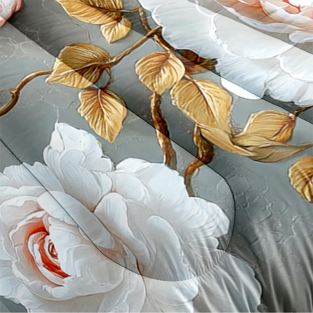CCoutueChen Floral Butterfly Comforter Set Queen White Flower Pink Butterflies on Gray Marble Bedding Set for Women Men Modern Aesthetic Bedding Soft Lightweight 90x90 Comforter with 2 Pillowcases
