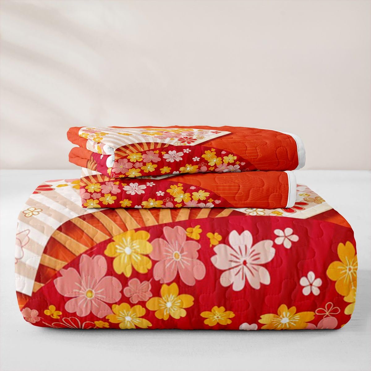 Erosebridal Japanese Folding Fans Quilt Twin Size - Japanese Style Bedspread Japan Cherry Blossoms Bed Coverlet with 1 Pillowcase