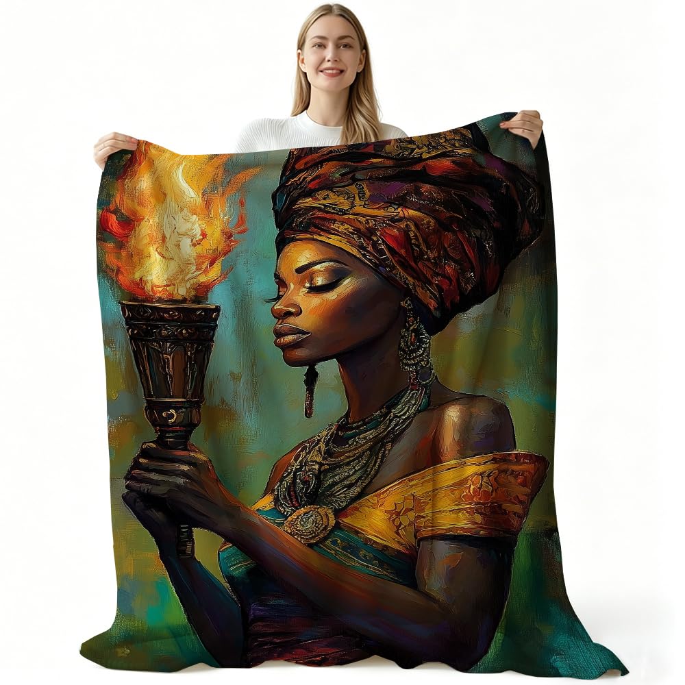 HUNXIAOJ African American Throw Blanket Black Girl Blanket African Gifts for Women Tribal Bedding Ethnic Decor Warm Soft Flannel for Sofa Couch (49in x 59in)