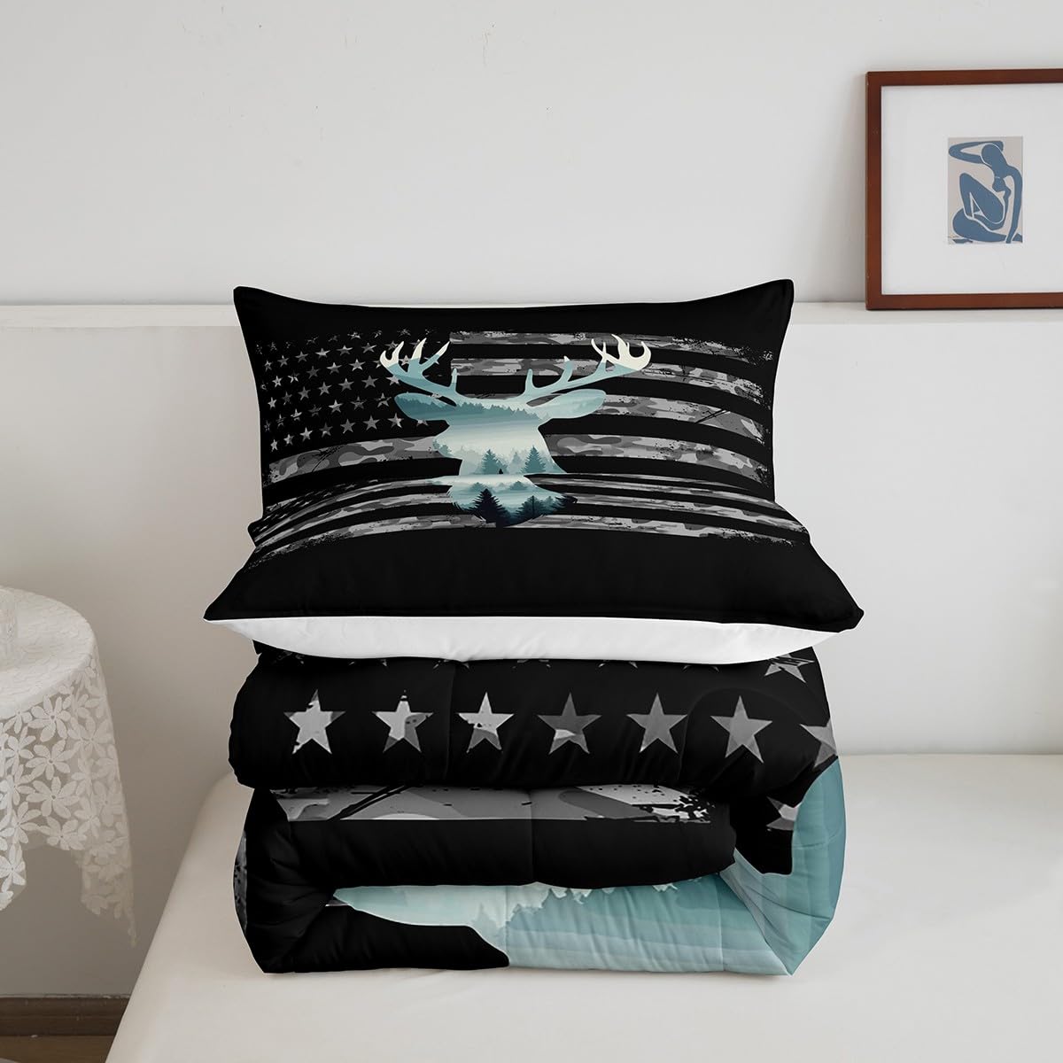 Feelyou Deer Hunting Comforter Set Full, Camo Deer Hunting Bedding Set for Kids Forest Smoky Deer Comforter American Flag Deer Duvet Set with 2 Pillow Case