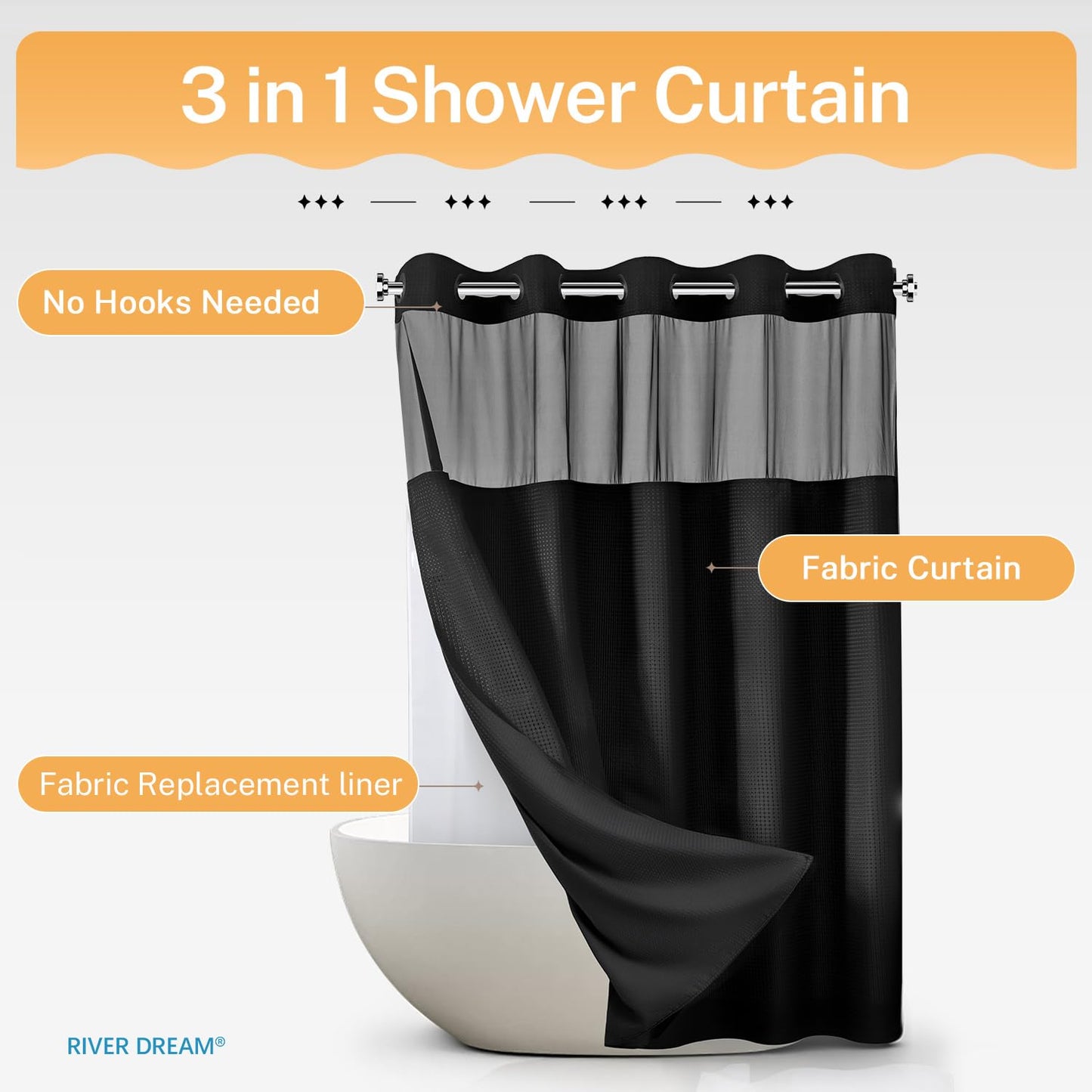 River Dream Black Shower Curain No Hooks Dotted Waffle Weave Shower Curtain with Snap in Liner - 71W x 74H,Hotel Grade,Spa Like Bath Curtain Set
