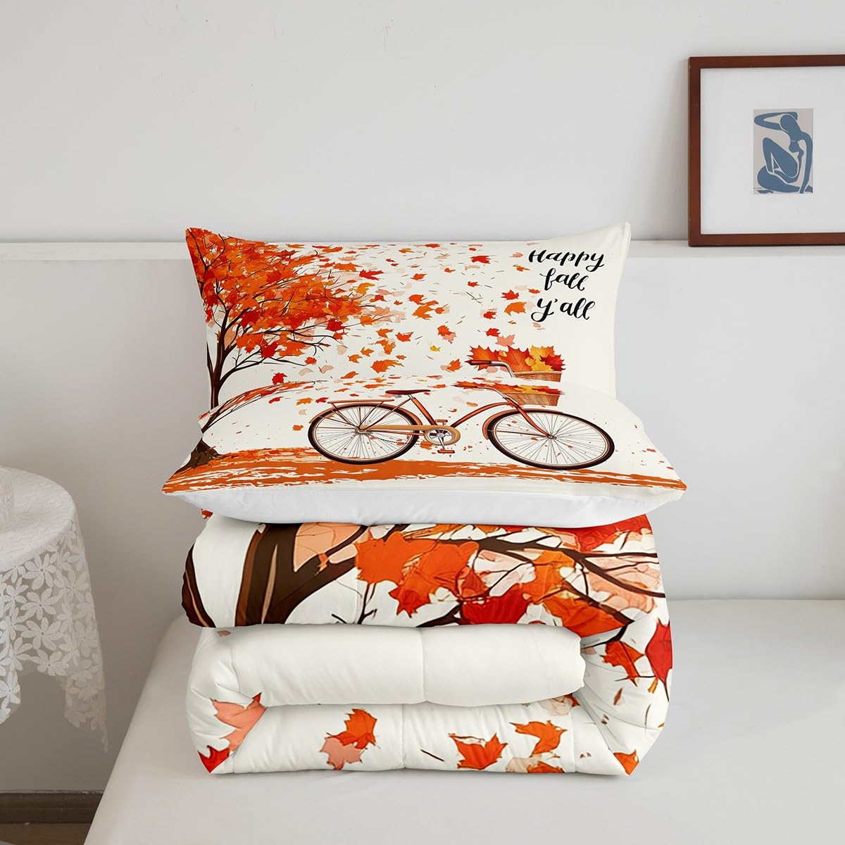 Fall Style Maple Leaves Comforter Set Queen Size, Rustic Farmhouse Bike Quilt Set for Home Room Decor,Thanksgiving Gifts Bedding Retro Nature Plants Duvet Insert, 2 Pillowcases