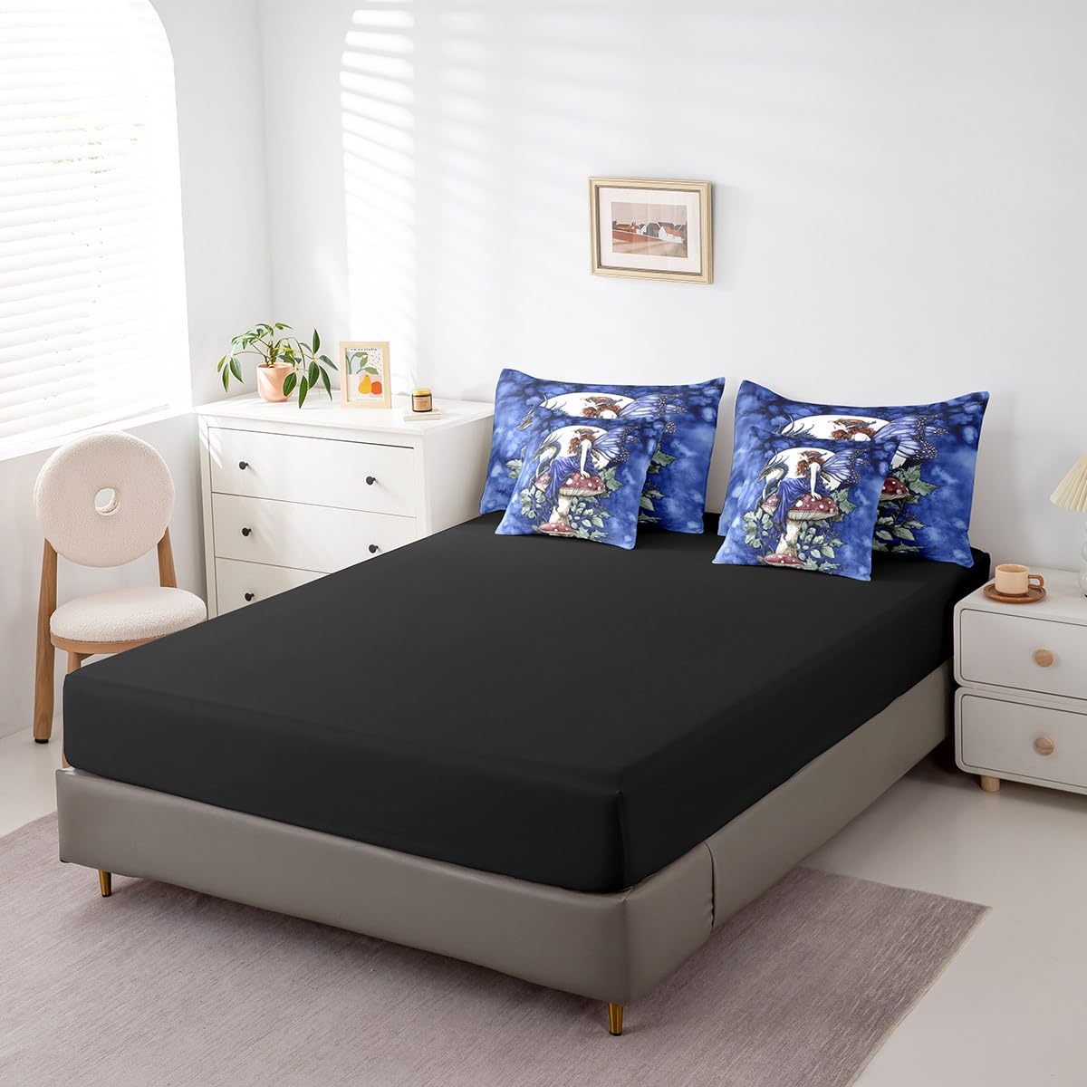 Homewish Queen Size 7 Pieces Bedding Sets Dragon Mushroom Comforter Set Butterfly Fairy Bed Sheet Blue Reversible Printed Quilt Set + Flat Sheet + Fitted Sheet + 2 Pillowcase + 2 Throw Pillow Covers