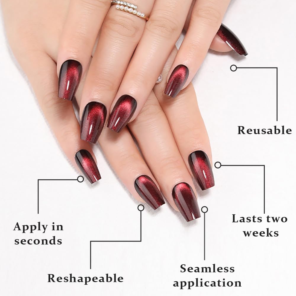 evpct Deep Burgundy Red Cat Eye Press on Nails Square Medium Coffin No Glue, Medium Square Stick on Nails for Women, Dark Red Metallic Glitter Glossy Reusable Spring Summer Press on Acrylic Fake Nail