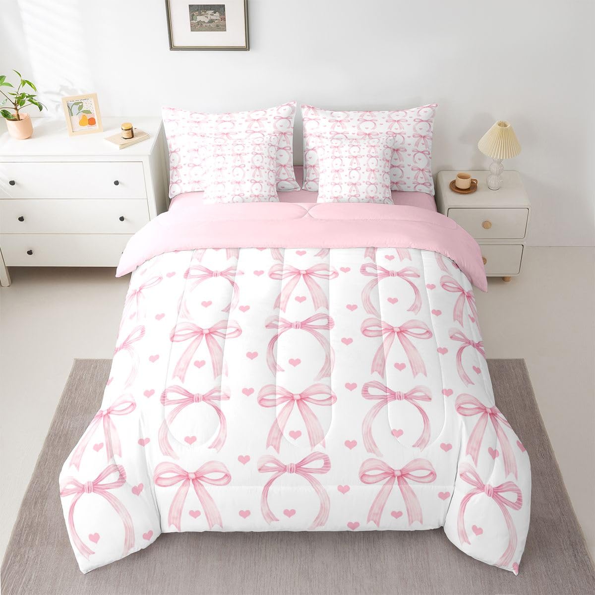Erosebridal Ribbon Bowknot 7 Piece Comforter Set King Bed in A Bag Girls Love Heart Pink Bows Bedding Set for Women Room Decor Coquette Bow Sheets Valentine Stripe Pink Bows Bowtie Bed Comforter Sets