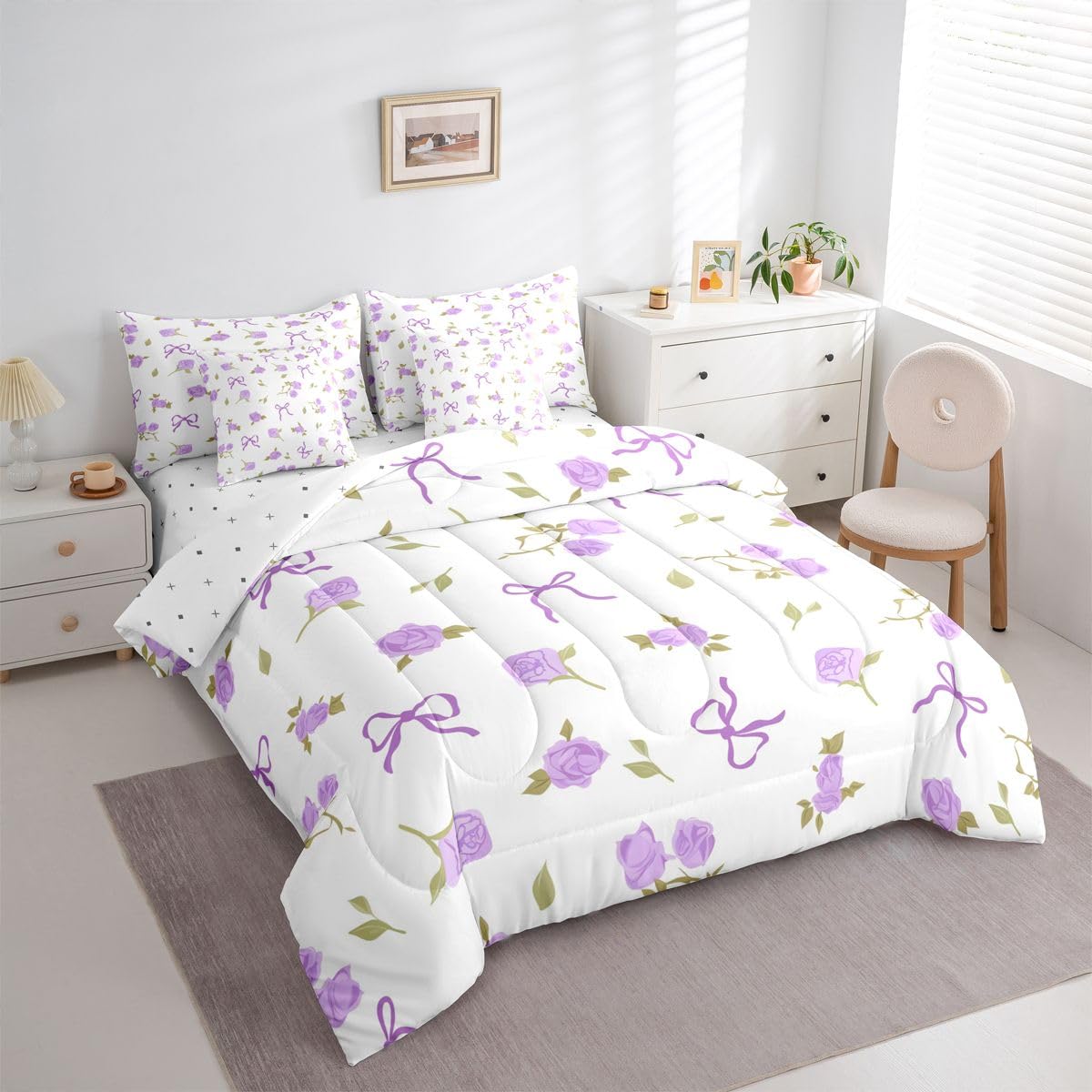 Erosebridal Ribbon Bow 7 Pcs Bedding Set Full Bowtie Comforter Set with Sheets Girly Princess Bowknot Bed in A Bag Fantasy Aesthetic Bedroom Decor