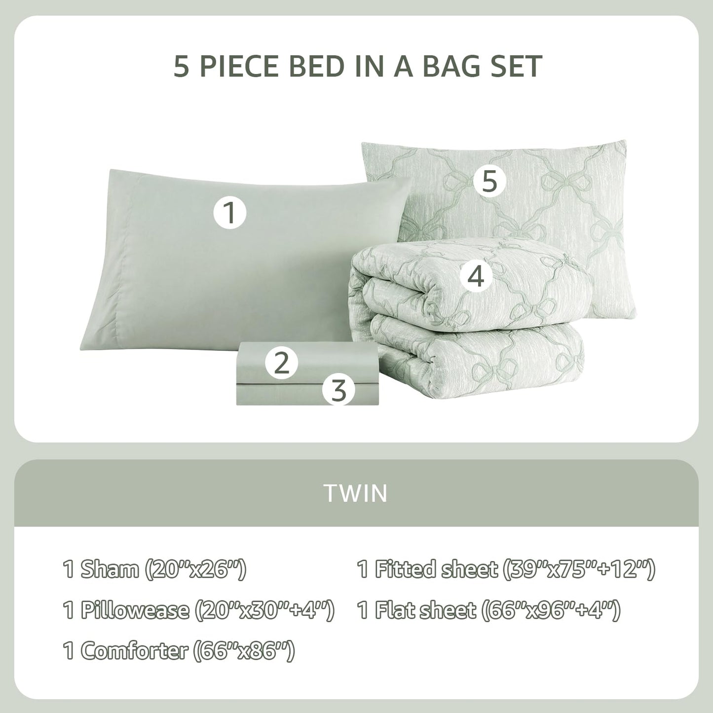 Wink Deer Twin Comforter Set with Sheets for Girls-5 Pieces Twin Bedding Sets with Light Green Comforter, Sheets, Pillowcase & Sham for Kids (Green Diamond, 66" X 86")