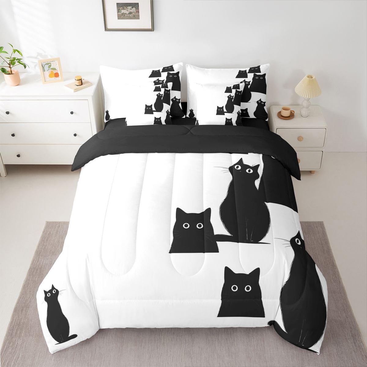 Erosebridal Cute Black Cat 7-Piece Bedding Set Full Size for Boys Girls - Kids Kawaii Cats Bed in a Bag Funny Black Cats Comforter Set with Sheets for Cat Lovers Kawaii Kitten Animal Duvet Insert