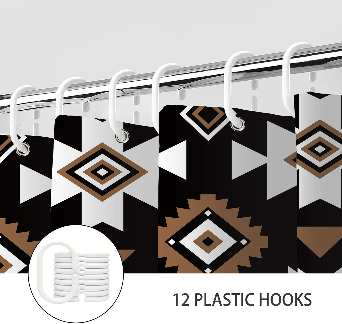 Aeivice Black Western Aztec Shower Curtain, Vintage Abstract Geometric Cowboy Shower Curtains Set, Boho Southwestern Tribal Native Neutral Fabric Shower Curtains for Bathroom with Hooks 72X72IN Brown