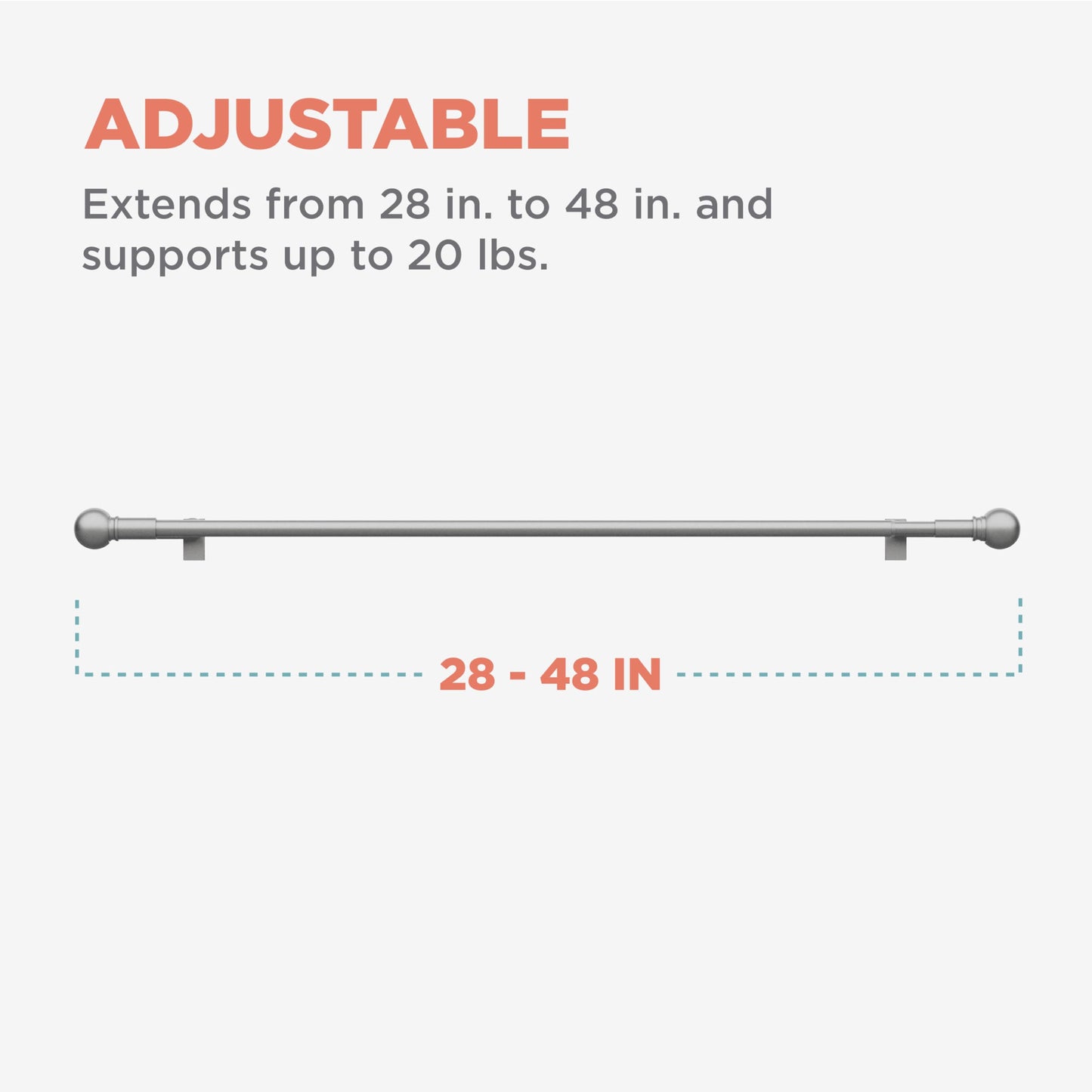 Zenna Home Adjustable Curtain Tension Rod with Decorative Round Finials, No Drill Small Window Rod, Easy Install Expandable Tension Curtain Rod for Windows, 28 to 48 Inch, Brushed Nickel