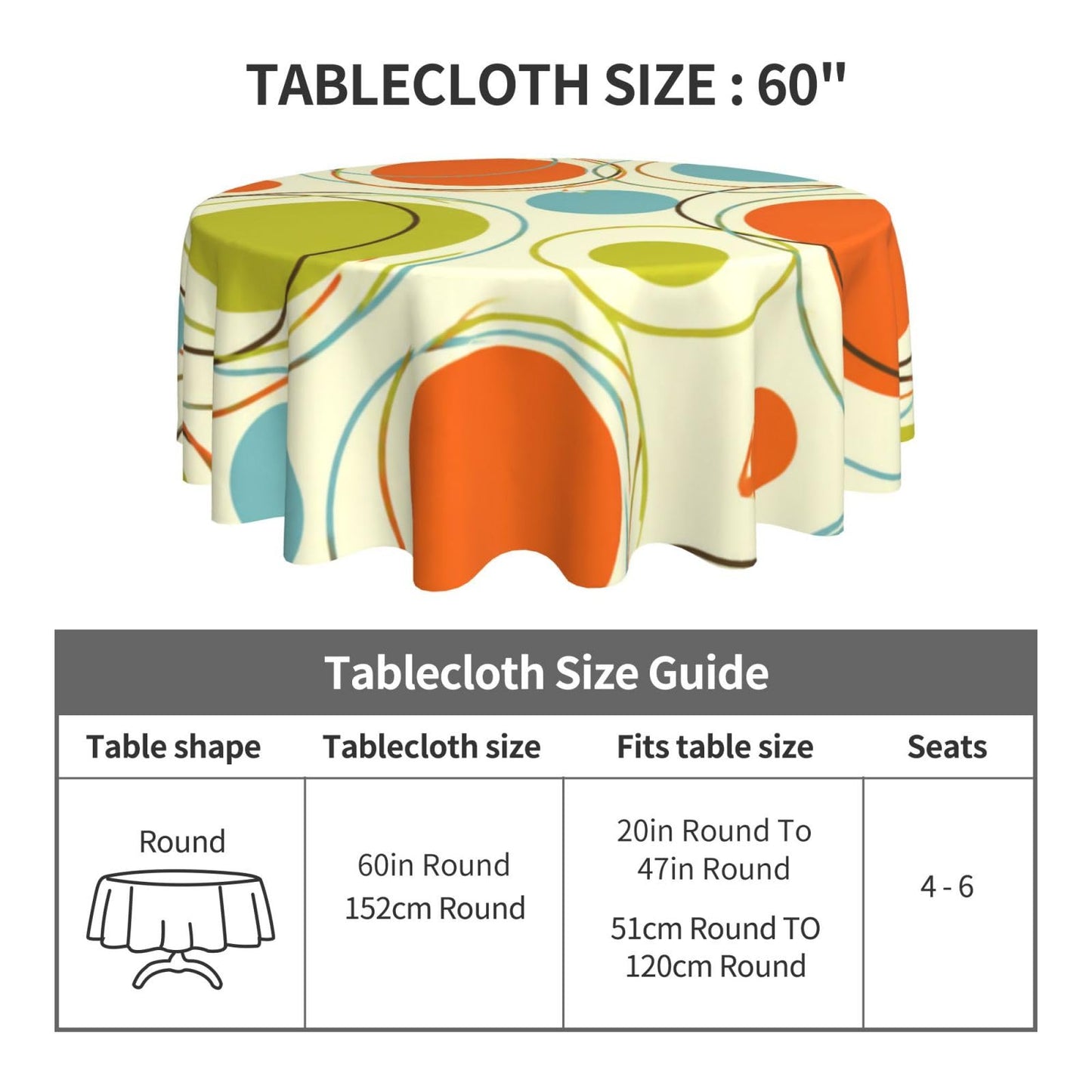 KUOAICY Retro Mid Century Tablecloth Abstract Round Table Cover Washable for Home Kitchen Dining 60 Inch