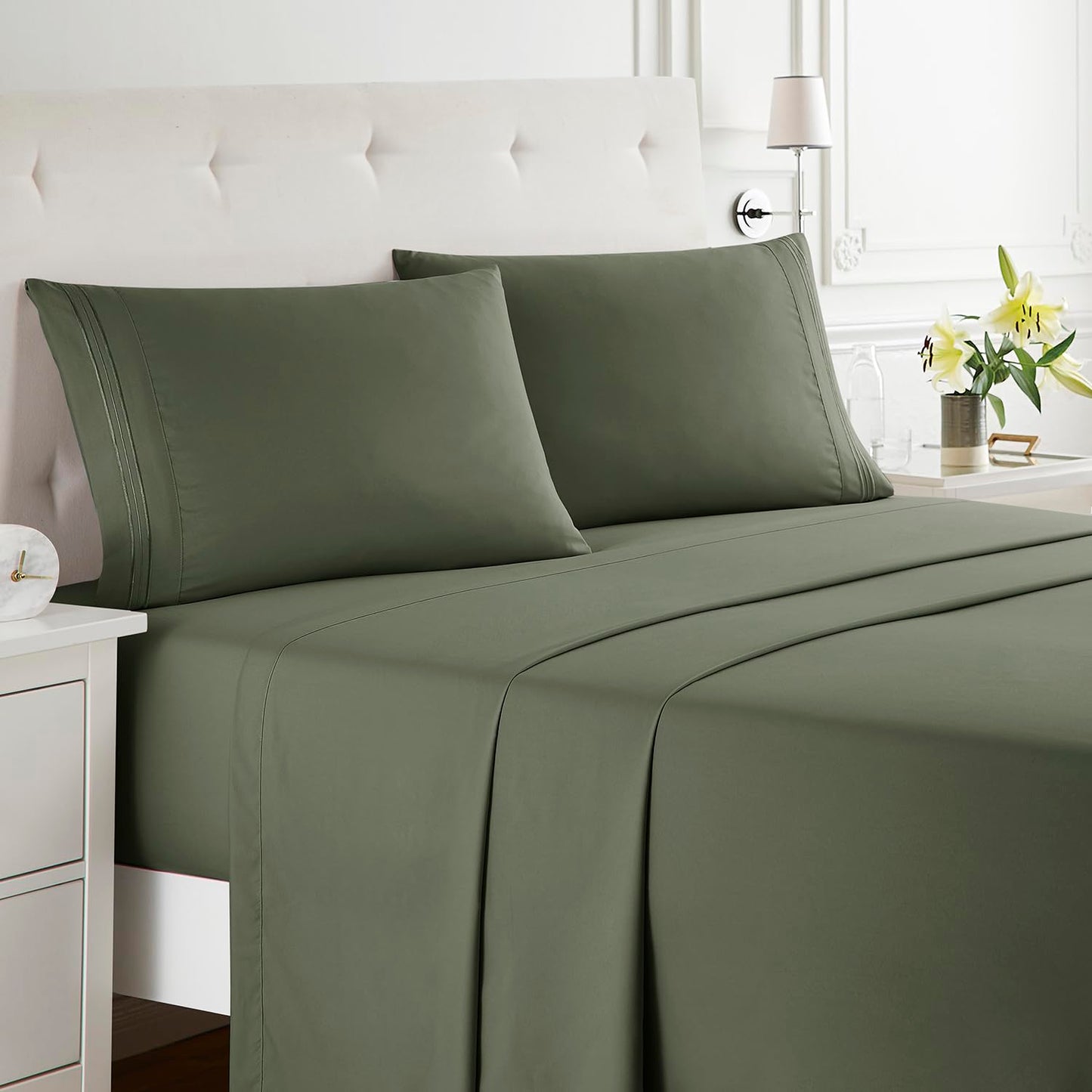 Clara Clark Bed Sheets, Premier 1800 Series Bed Sheet Set, Deep Pocket, Wrinkle, Fade, Stain Resistant, Luxury Soft Bedding Sheets & Pillowcases, Queen, Olive Green