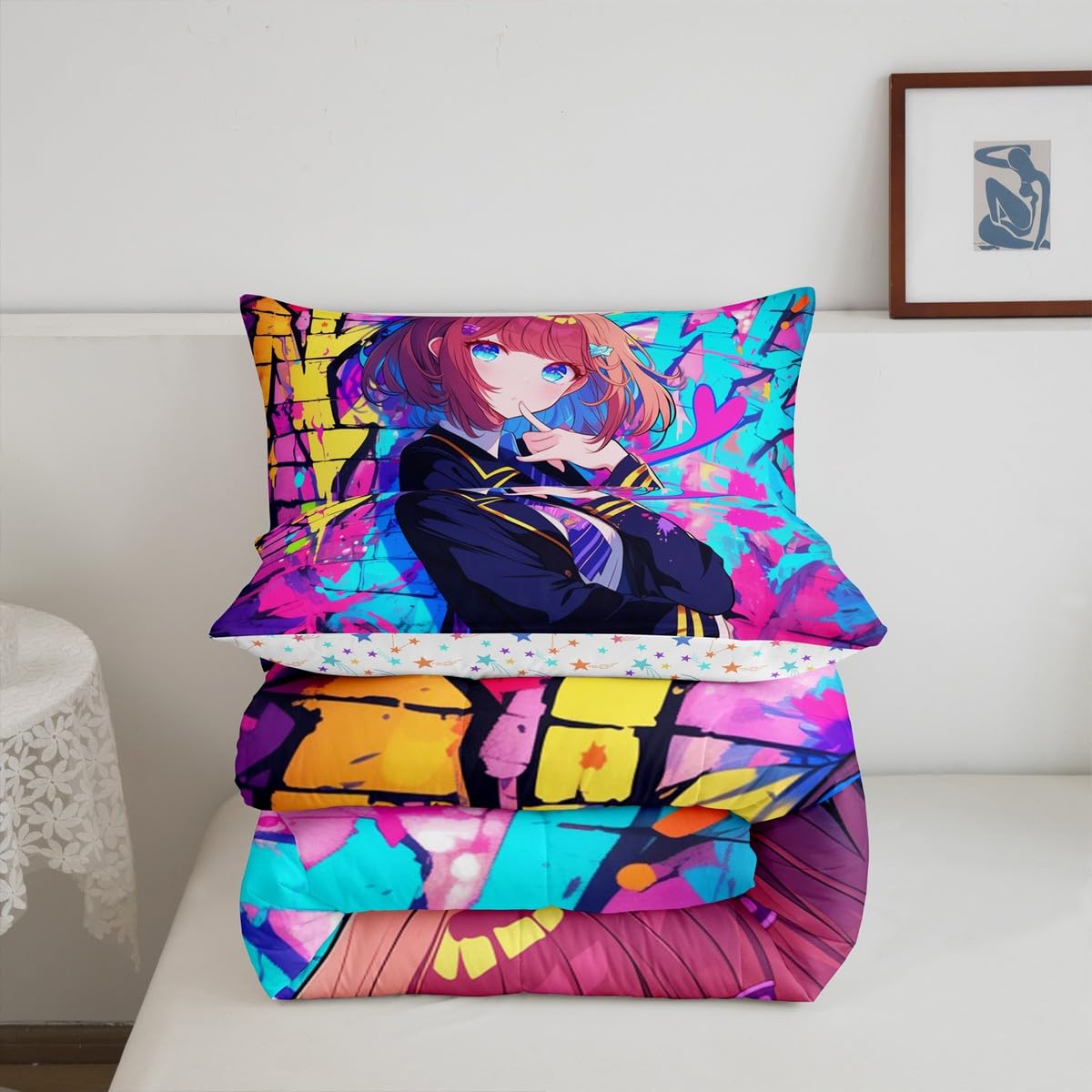 Erosebridal Girls Japanese Anime Comforter Set Full, Kawaii Anime Girl Bedding Set Cartoon Girl Duvet Insert for Kids Teens Adult, Japanese Animation Sci Fi Style Quilt with 2 Pillow Cases