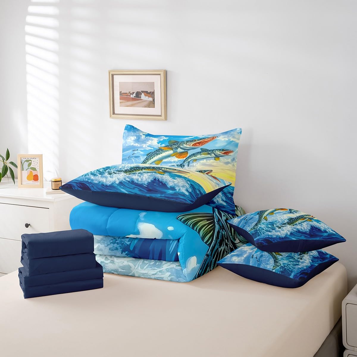 Erosebridal Pike Fish Bedding Sets, Big Bass Fish Microfiber 7 Piece Full Size Comforter Set for Kids Boys Girls, Hunting and Fishing Print Bed in a Bag Bed Set, Sea Waves Animals Bed Sheets Set