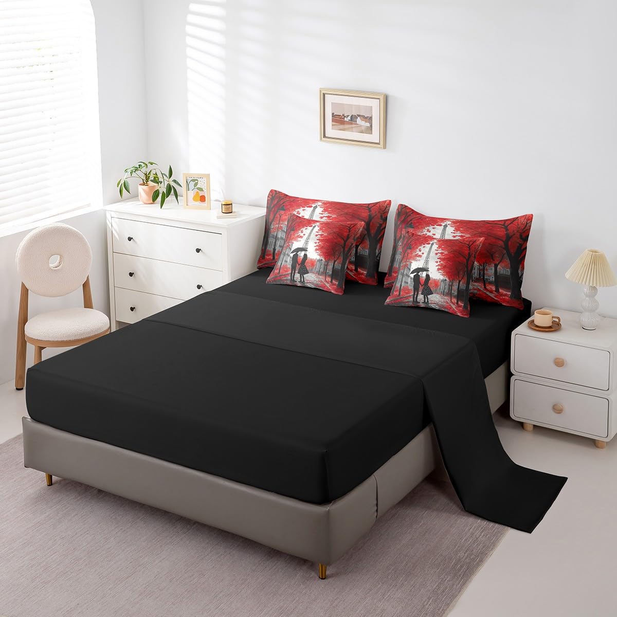 Erosebridal Romantic Valentine's Day Full 7 Piece Bedding Set for Adults Men Women Room Decor,Eiffel Towel Comforter Set France Paris Couple Bed in A Bag Maple Trees Leaves Sheet Set with Comforter
