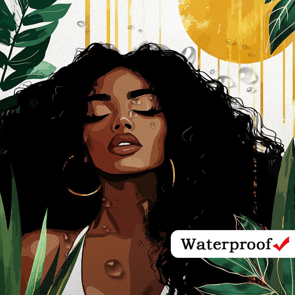 African American Woman Shower Curtain, Sexy Black Girl Lady Bathroom Shower Curtain, Boho Minimalist Art Green Tropical Plant Leaves Modern Bathroom Curtain Set Accessories Decor with Hooks 70X70Inch