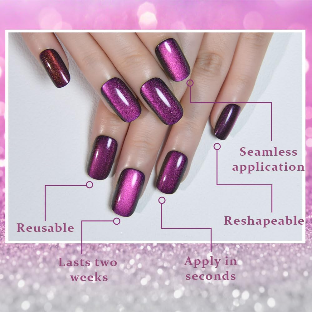 Purple Cat Eye Press on Nails Medium Square, Medium Square Stick on Fake Nails for Women Gift, Dark Purple Holographic Glitter Glossy Reusable Soft Gel Stick Press on Acrylic False Nail with Designs