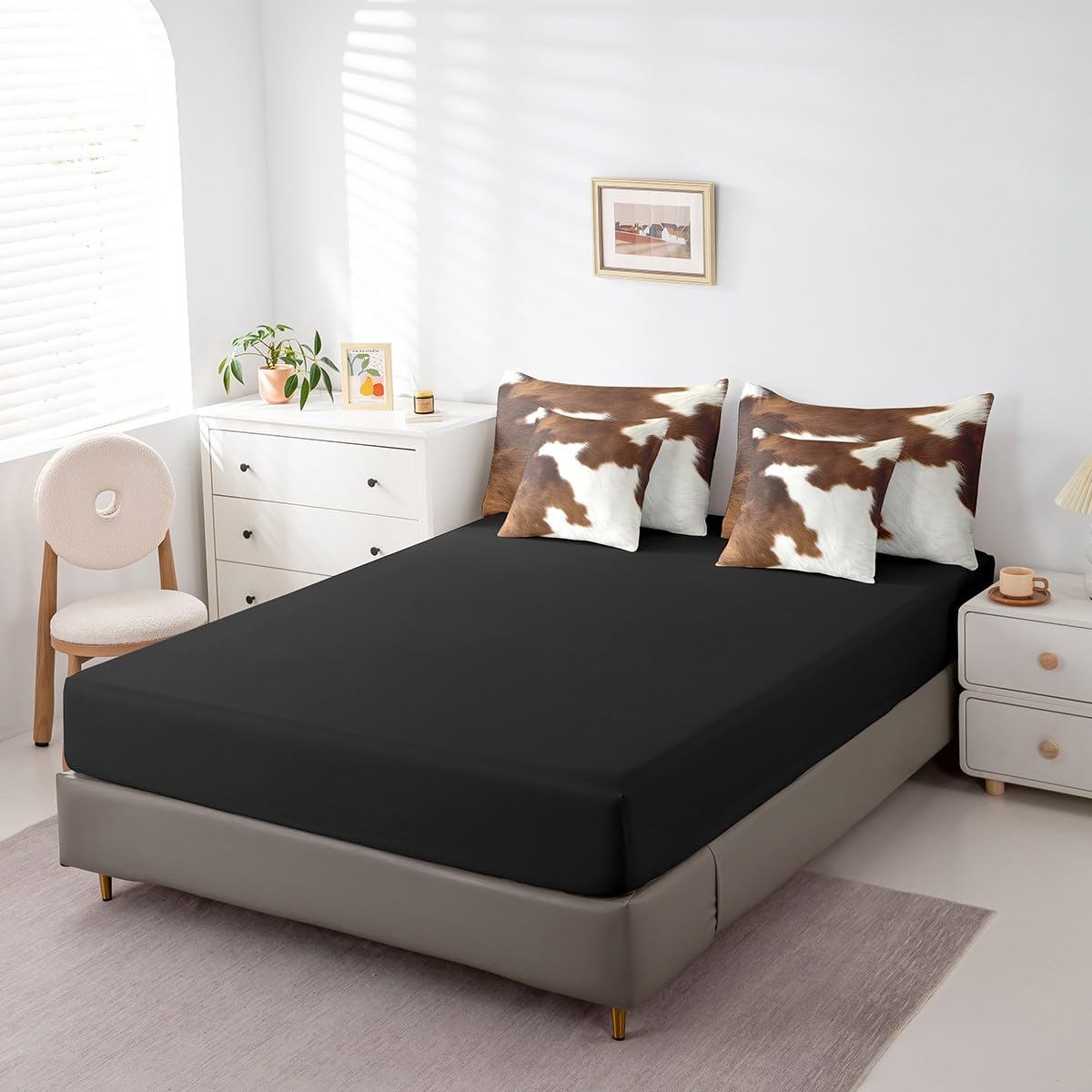 Erosebridal Cute Cow Print King Bedding Set 7 Piece for Boys Brown White Cowhide Bed in A Bag for Kids Teens Youth Adult Wildlife Animal Skin Comforter Set with Sheetwestern Cowboy Bed Sets