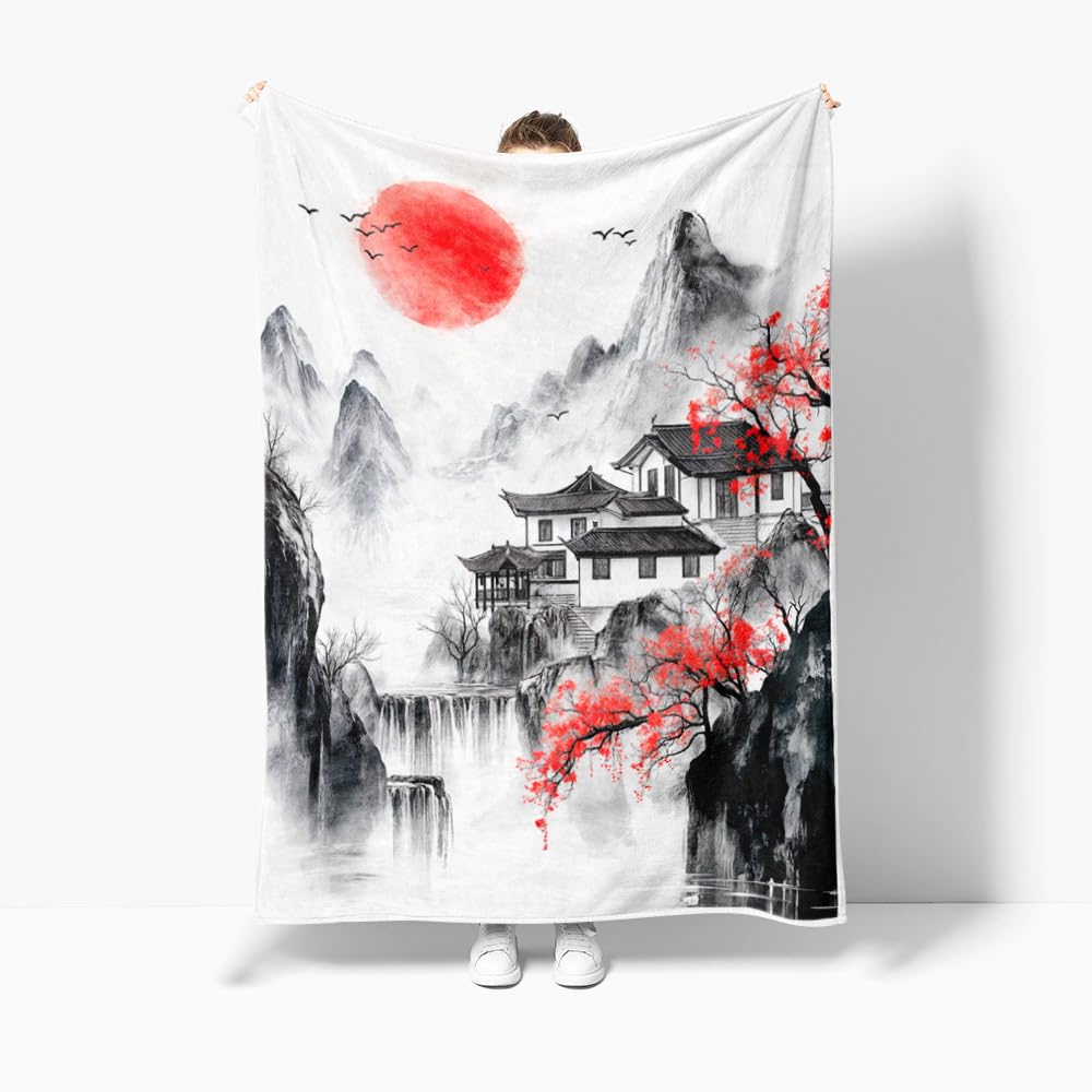DYNH Japanese Cherry Blossom Blanket, Asian Nature Landscape Throw Blanket, Mountain Cherry Branches Red Sun Ink Painting Soft Warm Flannel Black White Grey Blanket,50X60