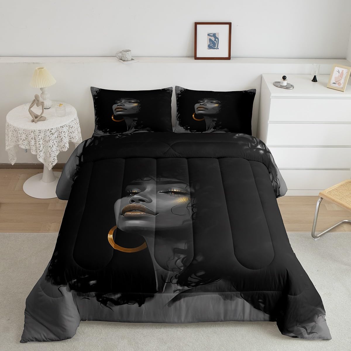 African Style American Woman Comforter Set Queen Size,Afro Pretty Princess Bedding Set,Black Cute Girls Quilt Set for Kids Girls Teens Room Decor Fashion Beauty Style Duvet Insert 3Pcs,2 Pillowcases