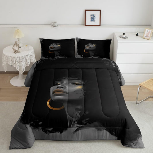 African Style American Woman Comforter Set Queen Size,Afro Pretty Princess Bedding Set,Black Cute Girls Quilt Set for Kids Girls Teens Room Decor Fashion Beauty Style Duvet Insert 3Pcs,2 Pillowcases